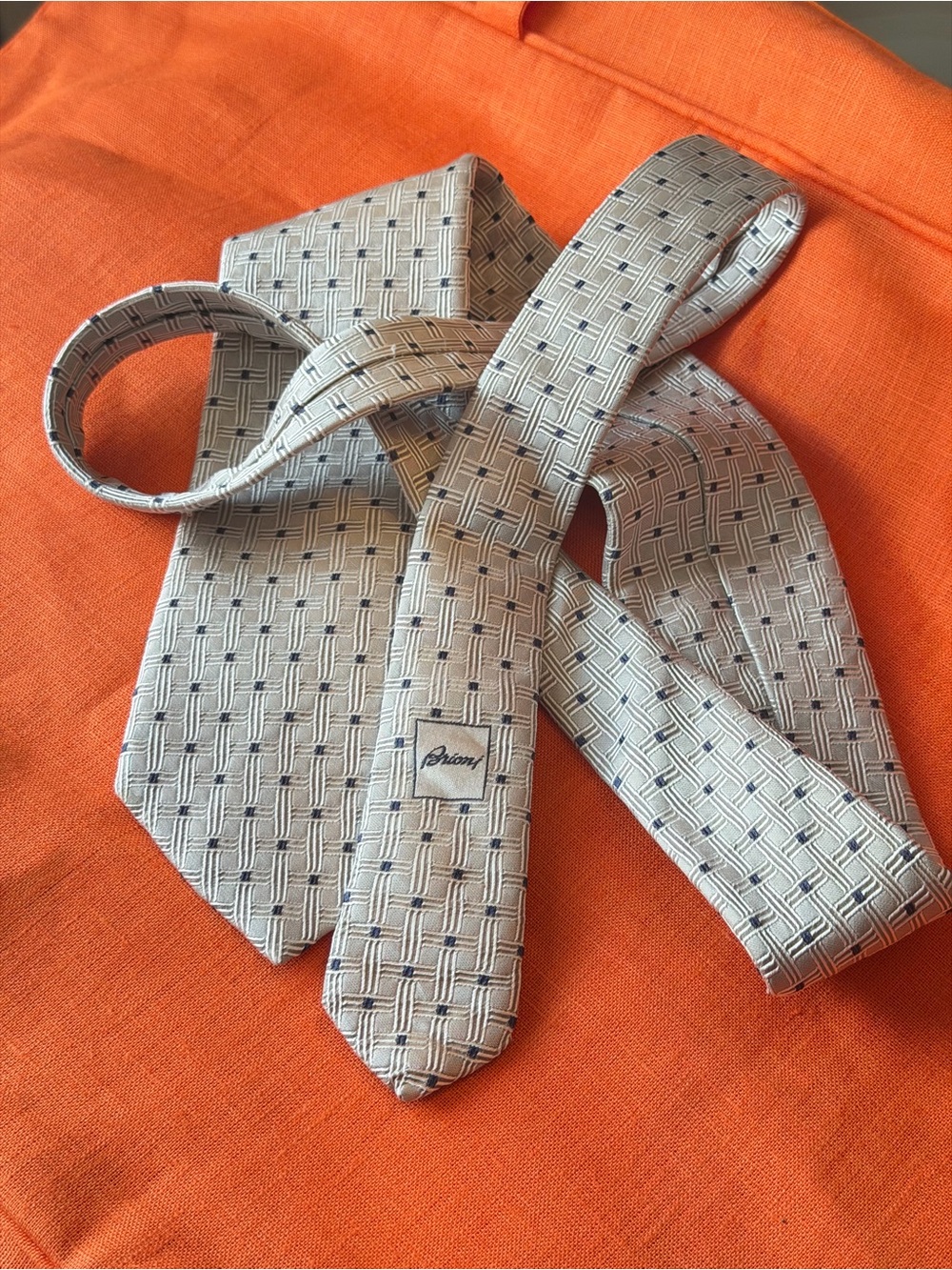 Brioni Geometric Silk Tie with Navy Accents
